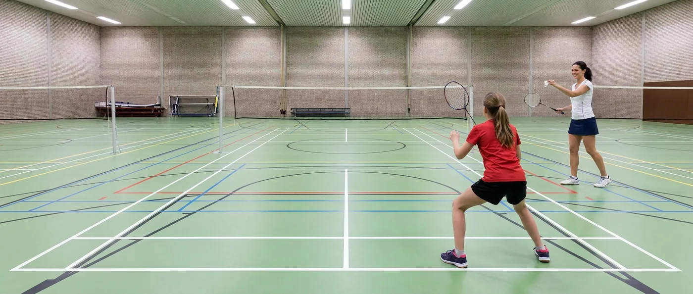 Een coach speelt een shuttle aan bij een jonge speelster die in de klaarstand op haar helft staat
