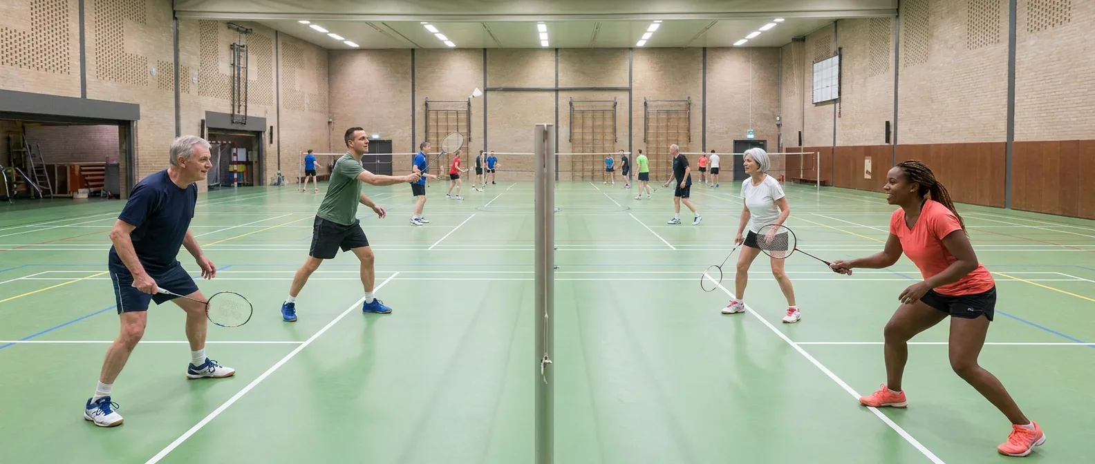 Vier spelers in een dubbelrally op een badmintonbaan in een sporthal, de shuttle hoog boven het net