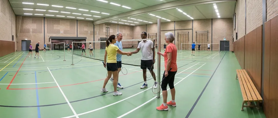 Vier spelers geven elkaar na een dubbelpartij over het net een hand