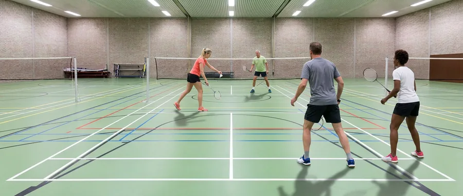 Vier spelers in een dubbelspel, de serveerster klaar bij de voorste serveerlijn en de ontvangende partij in de verdediging