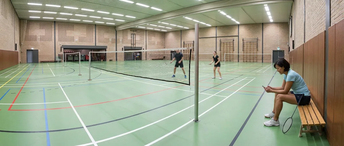 Een speelster zit op een bank langs de baan en leest iets op haar telefoon, haar racket naast zich