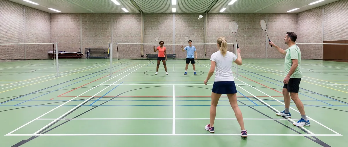 Vier spelers in een dubbelrally met de rackets omhoog, de shuttle in de lucht boven het net