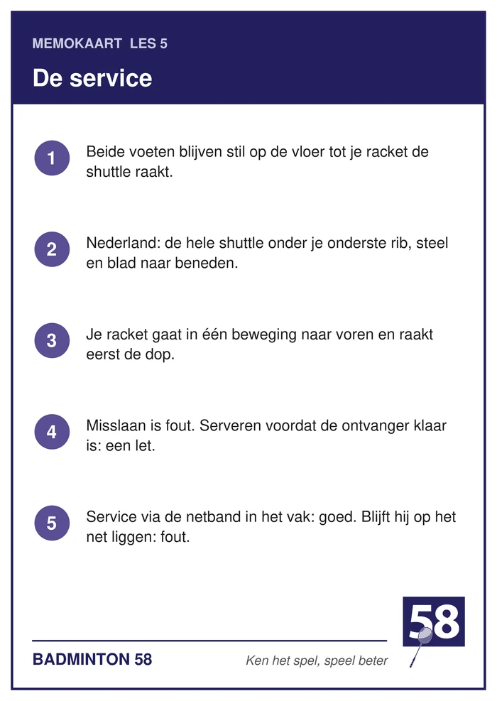 Memokaart van les 5 met de vijf punten over de service
